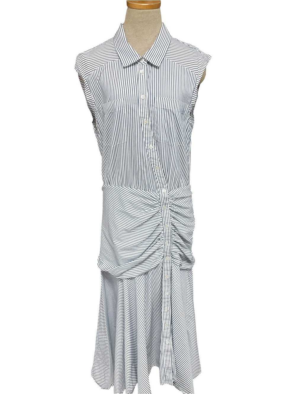 Veronica Beard Sleeveless Blue White Striped Shirt Dress Ruched Maxi Size 10